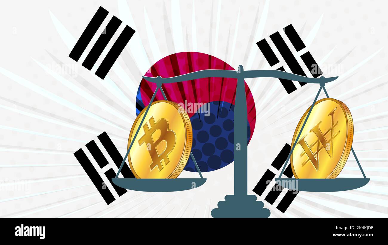 Gold coin of Bitcoin BTC and Republic of Korea won KRW on scales and colored South Korean flag on background. Central Bank of Korea adopts laws on dig Stock Vector