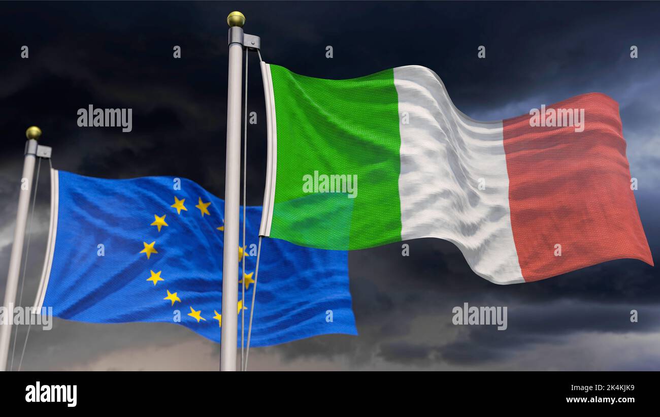 Italy flag and EU flag in front of cloudy sky Stock Photo