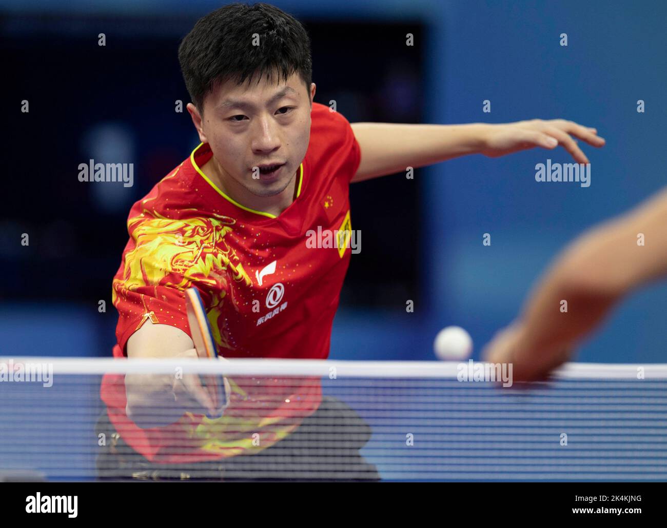 CHENGDU, CHINA - OCTOBER 3, 2022 - Ma Long of China competes against Slovenia during the group match of the 2022 56th World Table Tennis Team Champion Stock Photo