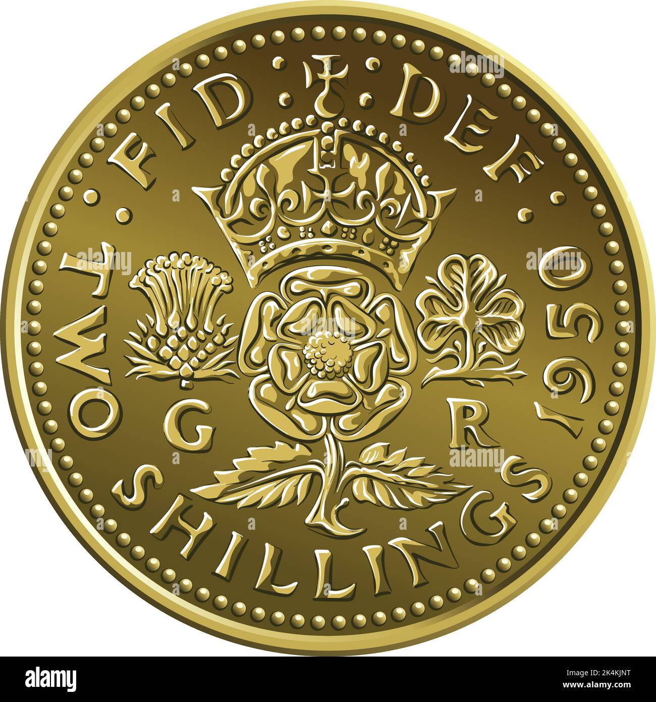 British money gold coin Two shillings, King George VI florin with crowned rose, thistle and shamrock, Rosa Tudor - emblem of England Stock Vector