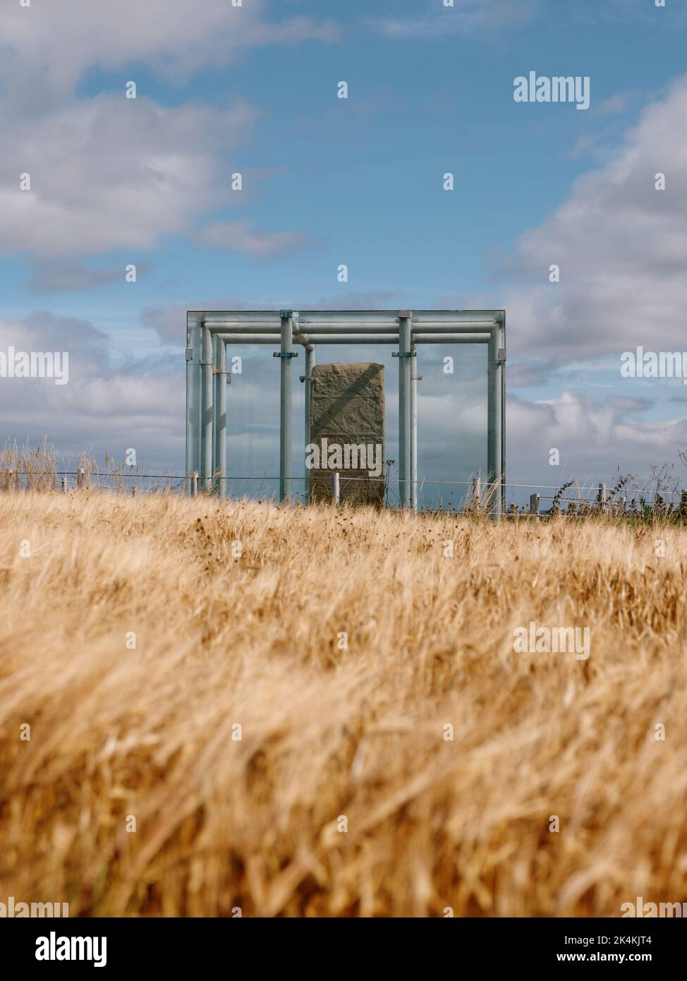 The glass protected Clach a' Charridh or Shandwick Stone is a Class II Pictish stone located near Shandwick,Tarbat peninsula in Easter Ross, Scotland. Stock Photo