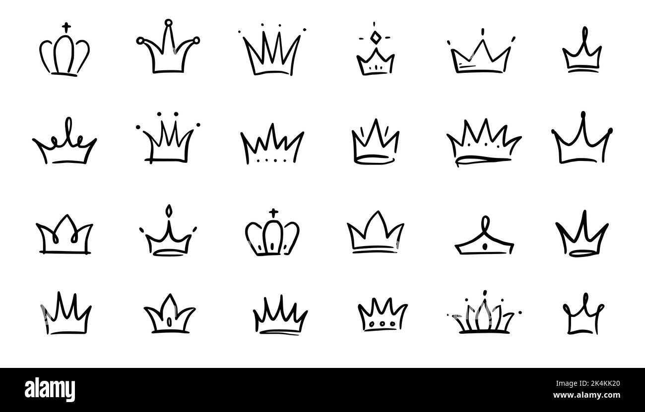 Doodle crown hand drawn set. Doodle princess crown, queen tiara. Line sketch royal element. Queen, king hand drawn simple design element. Isolated vector illustration. Stock Vector