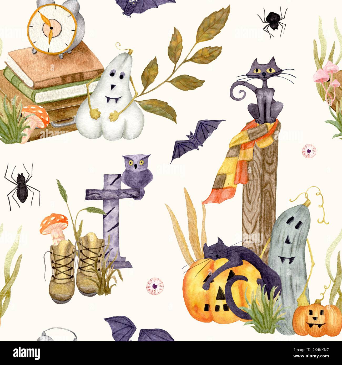 Halloween pattern with the Black Cat and Jack o Lantern. Watercolor ...
