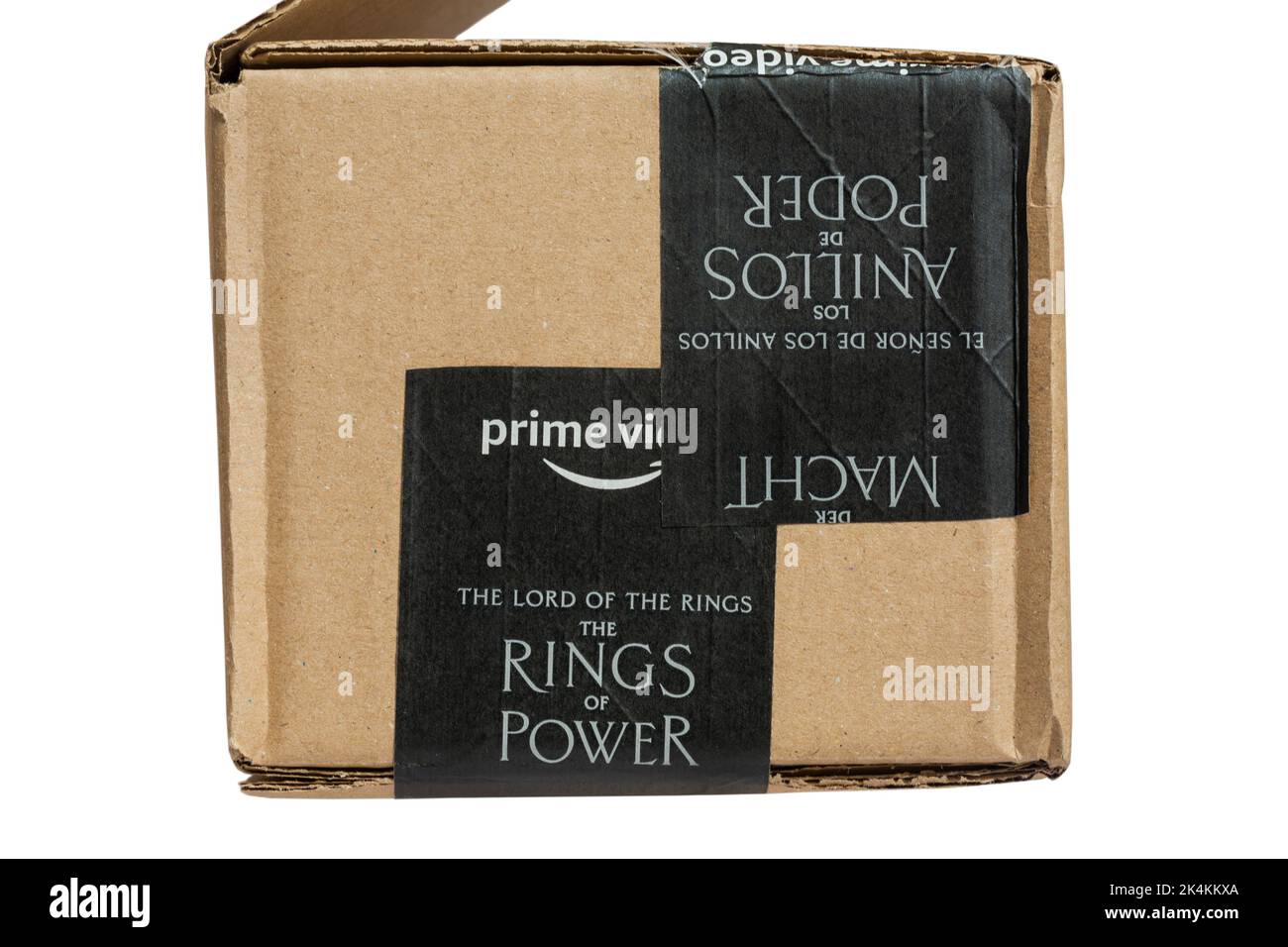 prime video The Lord of the Rings the Rings of Power tape in different languages on parcel from Amazon Stock Photo
