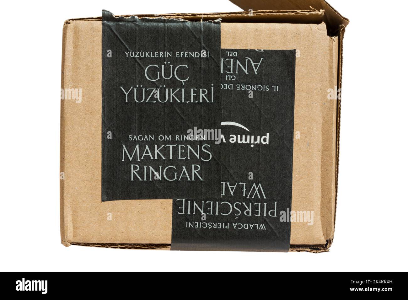 prime video The Lord of the Rings the Rings of Power tape in different languages on parcel from Amazon Stock Photo