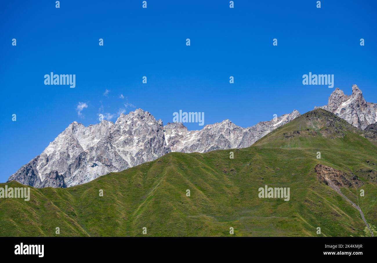 Ushba mountain (4710m high) in Upper Svaneti, Georgia. View from Guli valley. Stock Photo