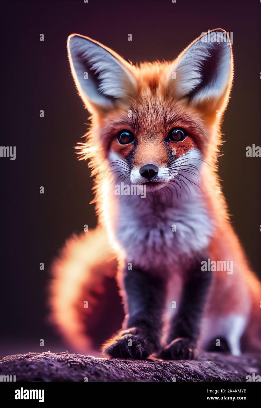 Red fox portrait. Cute baby of fox sitting on stone. Adorable furry fox