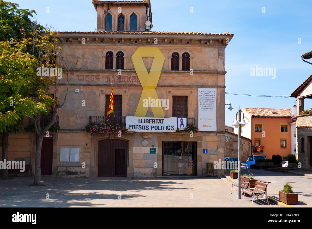 The Catalan flag, symbol of independence is displayed at Folgueroles, Catalonia, Spain Stock Photo