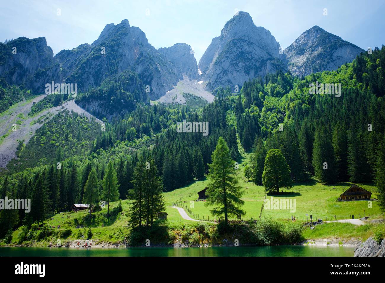 Gosau, Alpine part of Upper Austria. The mountains that encircle the lakes are called the Dachstein Mountains. Stock Photo