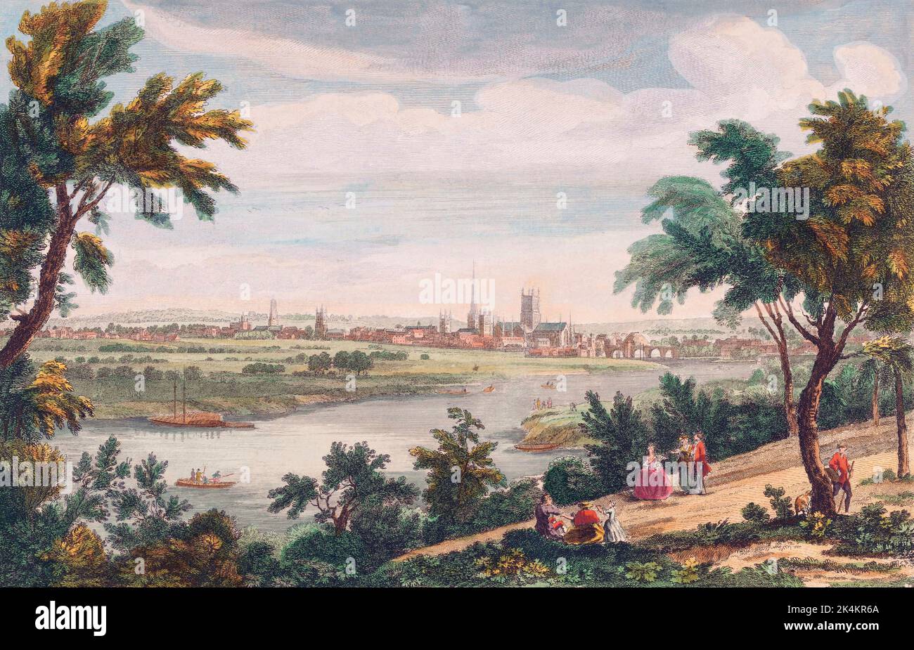 A north west view of the city of Worcester, England.  After a print by Walker published in 1754 from a drawing by Chatelain. Stock Photo