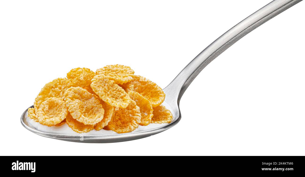 Corn flakes with milk in spoon isolated on white background Stock Photo