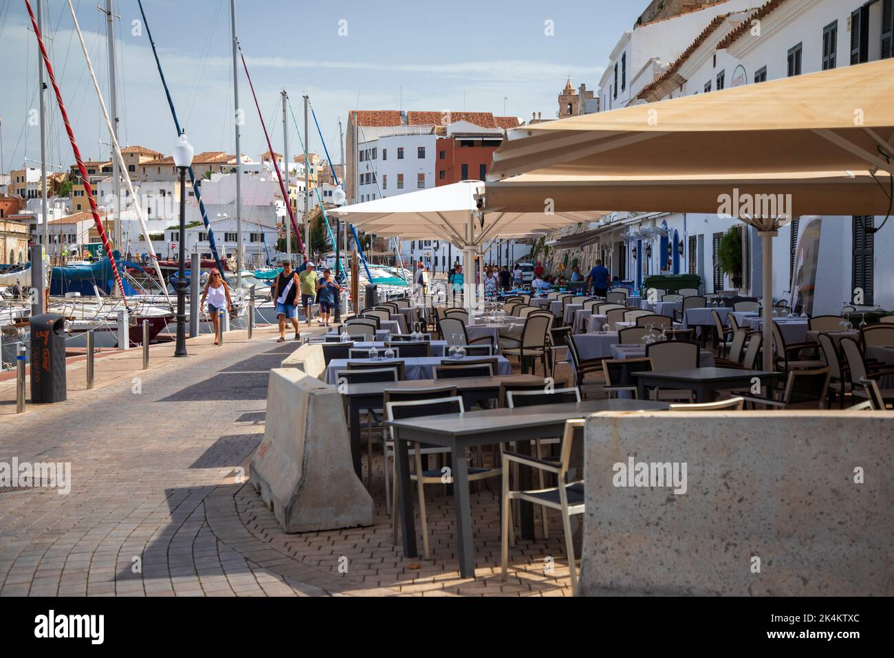 Ciutadella, Spain - September 5th, 2022:The port of Ciutadella can accommodate 175 vessels and has a promanade with seafood restaurants Stock Photo