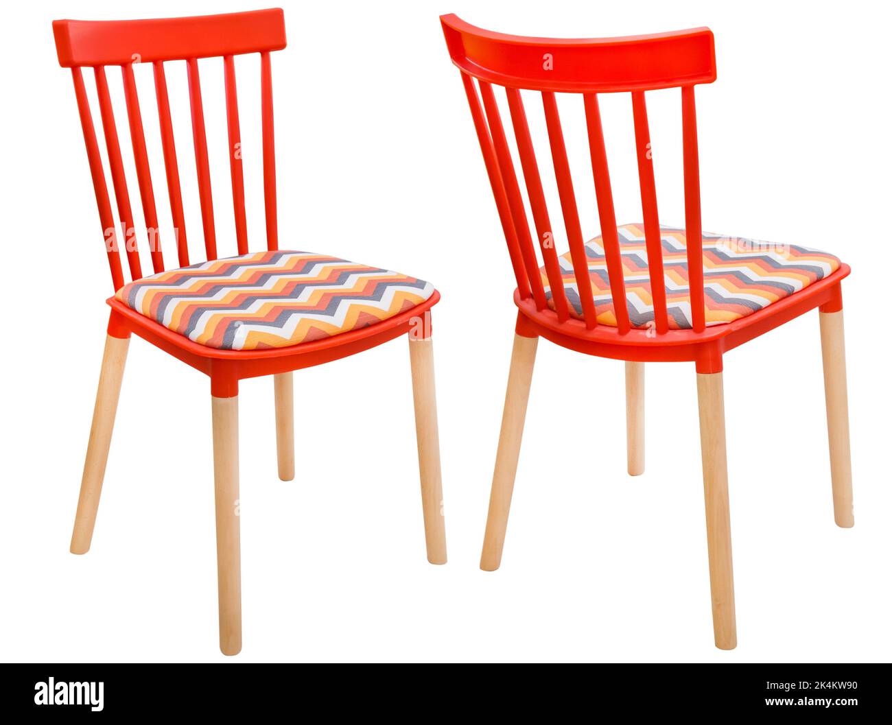 Modern stylish plastic chair with wooden legs in different angles of