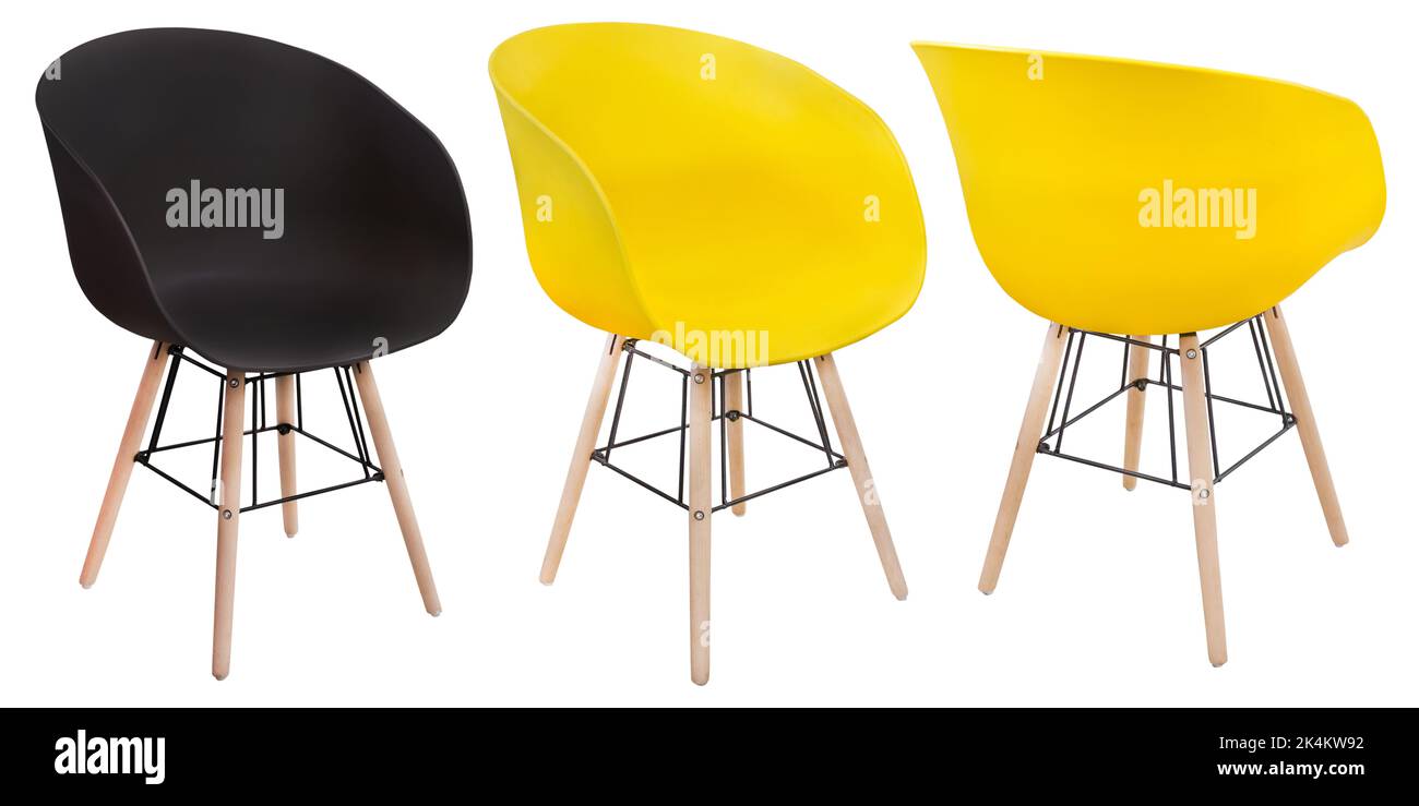 Modern stylish plastic chair with wooden legs in different angles of