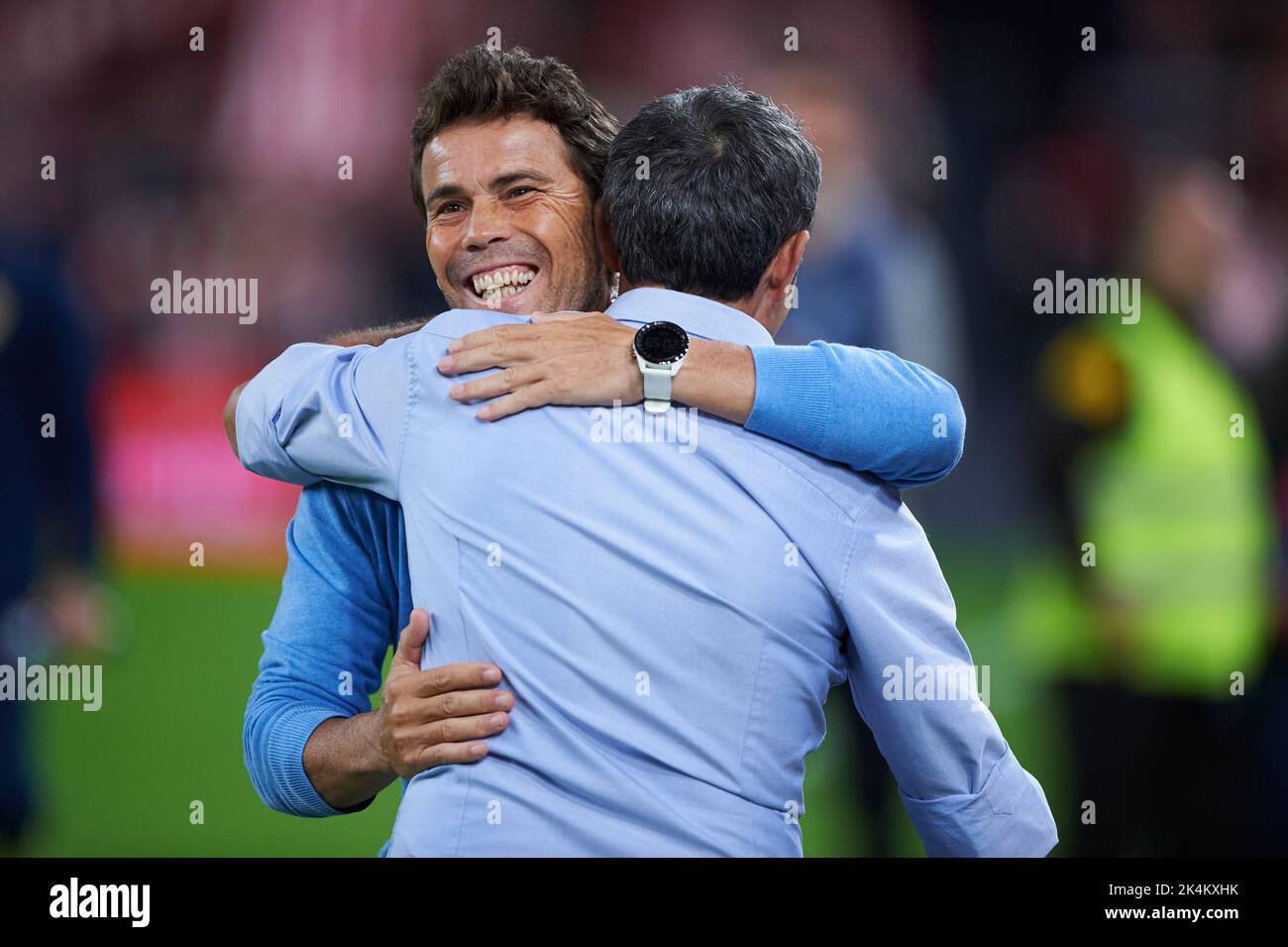 UD Almeria head coach Joan Francesc Ferrer Rubi and Athletic Club head coach Ernesto Valverde during the La Liga match between Athletic Club and UD Almeria played at Sam Mames Stadium on September 30, 2022 in Bilbao, Spain. (Photo by Cesar Ortiz / PRESSIN) Stock Photo