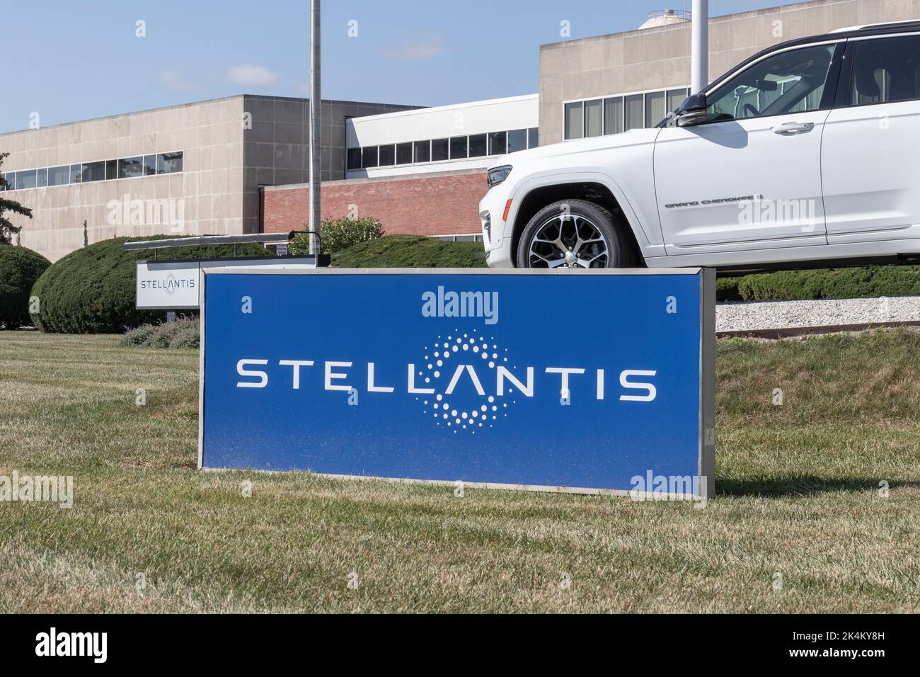 Kokomo - Circa October 2022: Jeep Grand Cherokee at the Stellantis transmission plant. Jeep offers the Grand Cherokee in Laredo, Trailhawk and Overlan Stock Photo