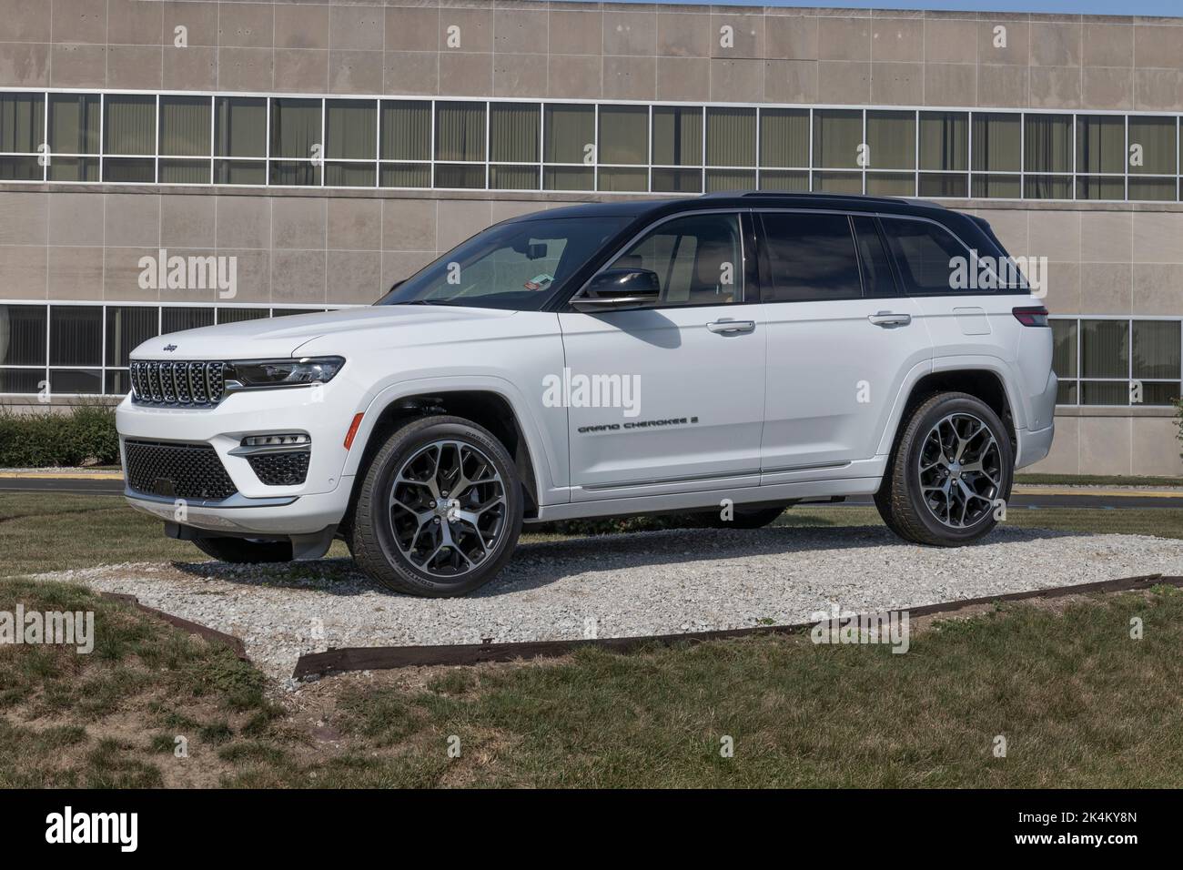 Kokomo - Circa October 2022: Jeep Grand Cherokee at the Stellantis transmission plant. Jeep offers the Grand Cherokee in Laredo, Trailhawk and Overlan Stock Photo