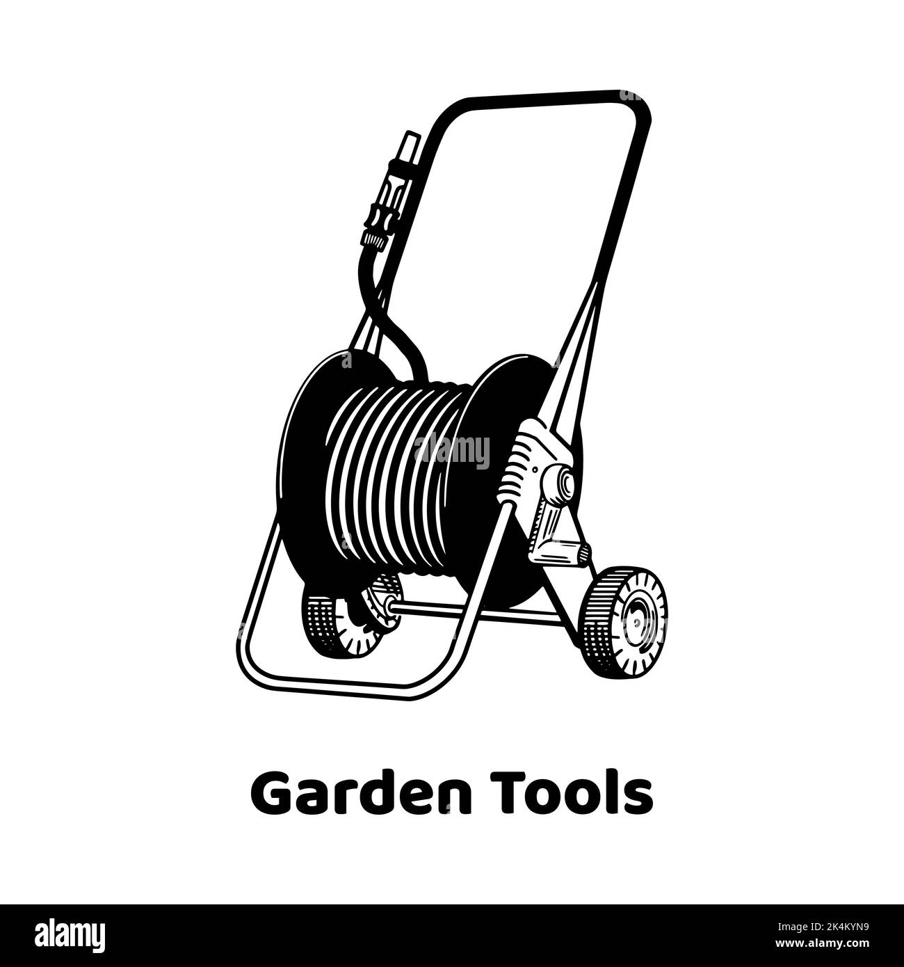 Watering hose reel icon. Advertisement for garden tools. Moisture saturation of the earth. Isolated on white background. Vector Stock Vector