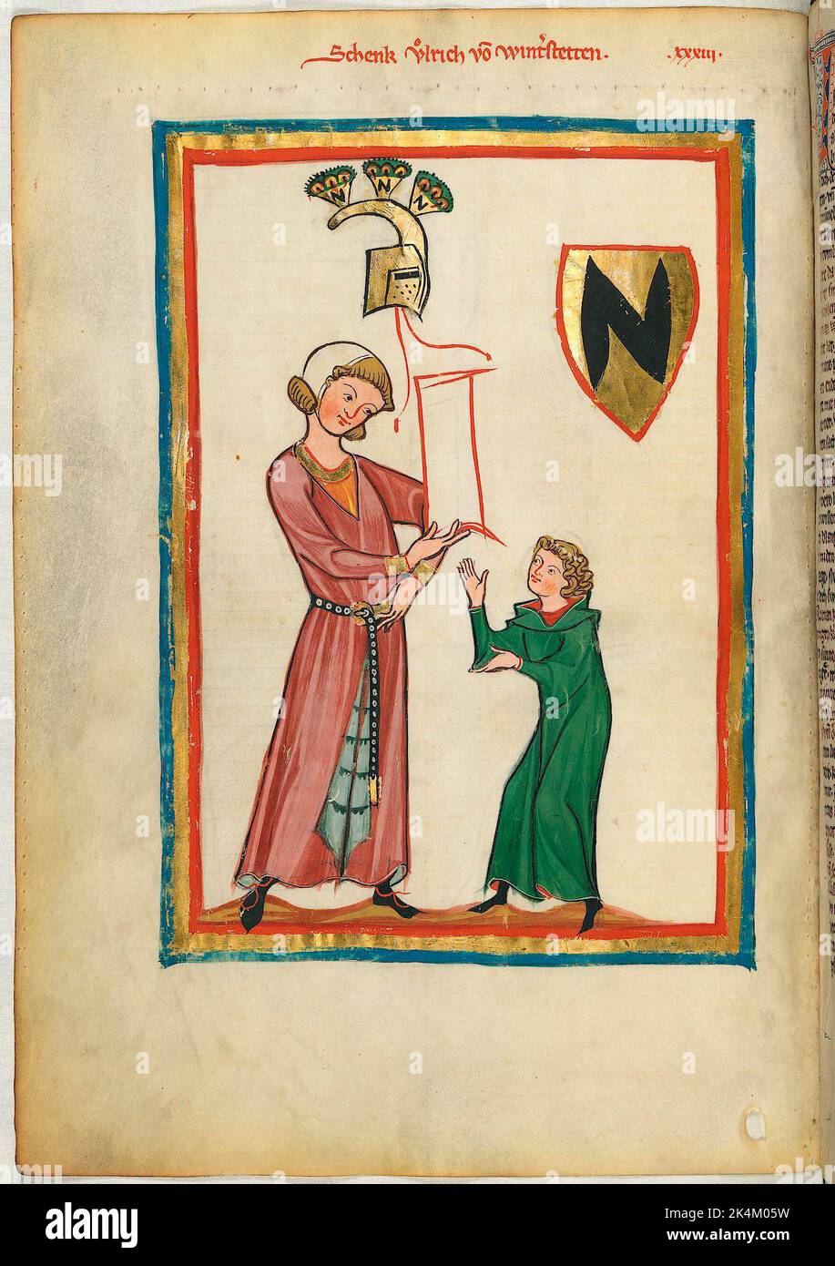 The 'Codex Manesse', also known as the 'Great Heidelberg Book of Songs' (Cod. Pal. germ. 848), was created between around 1300 and around 1340 in Zurich and is the most comprehensive collection of ballads and epigrammatic poetry in Middle High German language.  It consists of 426 parchments leaves, each 35,5 x 25 cm, double-sided, pagination added in a later scribe's hand. In addition the codex includes 140 blank pages and numerous pages partially blank. Great Heidelberg Book of Songs. Grosse Heidelberger Liederhandschrift. Codex Manesse. Illuminated manuscript, Medieval art.  Heidelberg, Univ Stock Photo