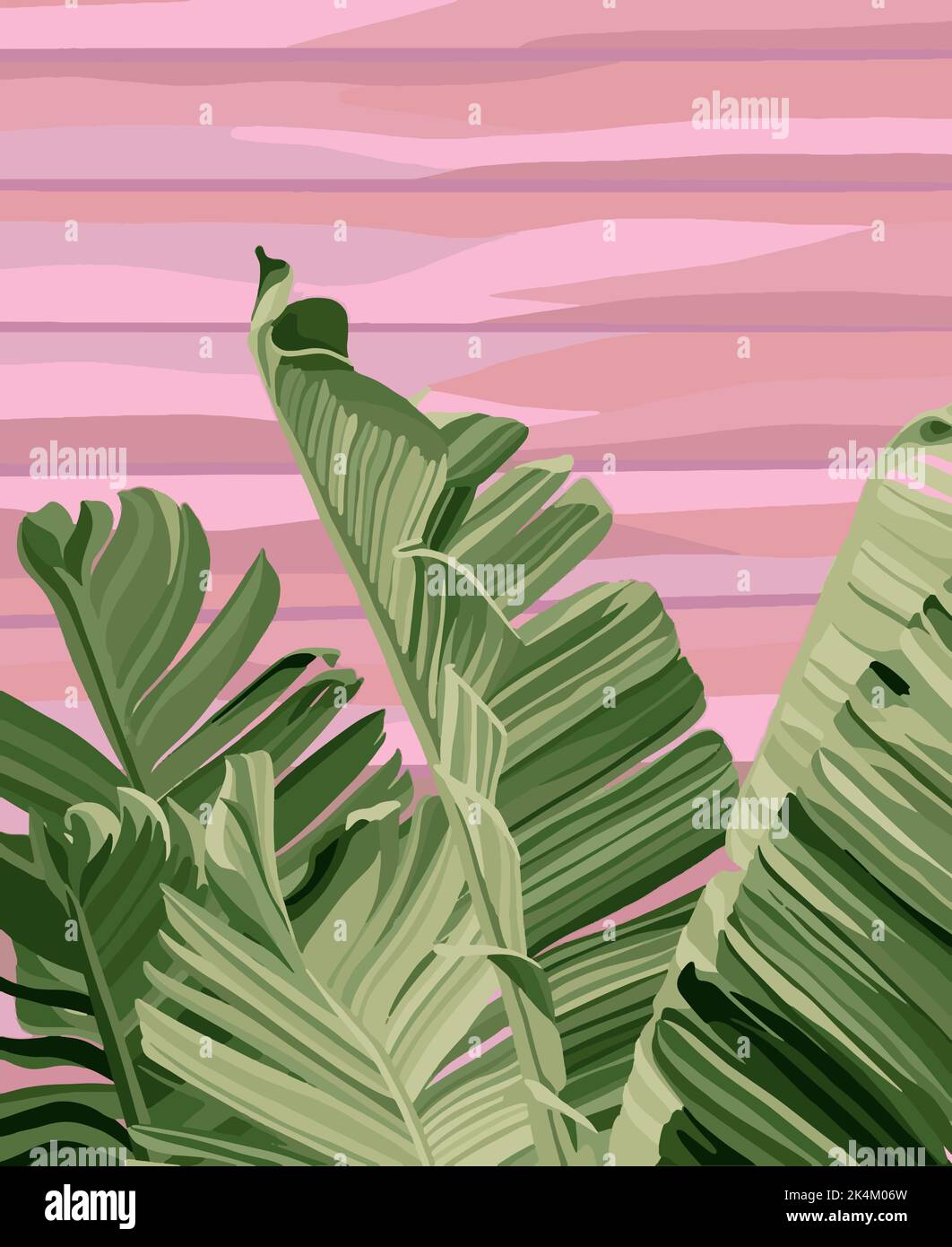Banana leaves on a pink background. Vector fashion illustration Stock Vector