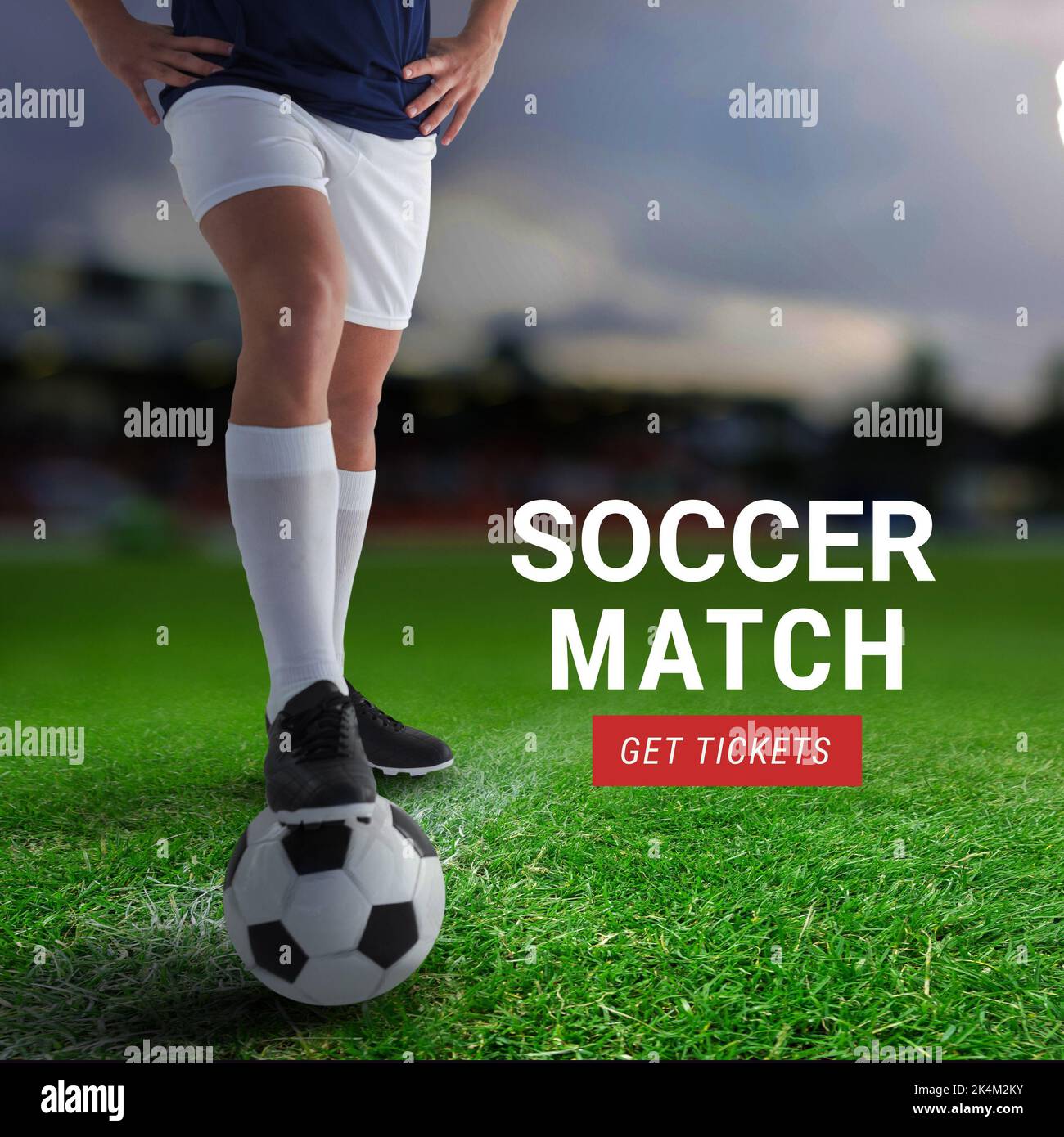 Composition of soccer match get tickets text and footballer with football on pitch Stock Photo