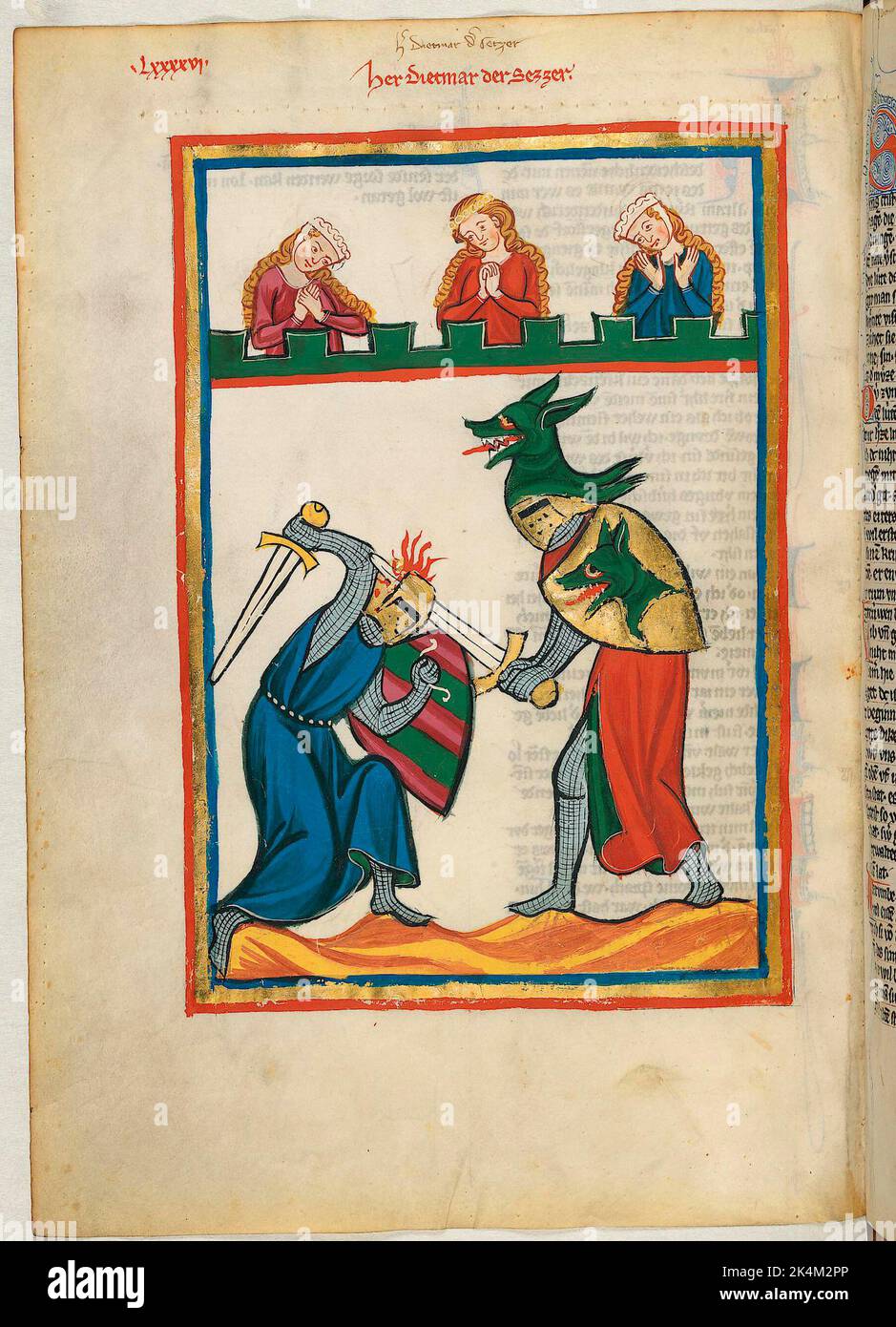 The 'Codex Manesse', also known as the 'Great Heidelberg Book of Songs' (Cod. Pal. germ. 848), was created between around 1300 and around 1340 in Zurich and is the most comprehensive collection of ballads and epigrammatic poetry in Middle High German language.  It consists of 426 parchments leaves, each 35,5 x 25 cm, double-sided, pagination added in a later scribe's hand. In addition the codex includes 140 blank pages and numerous pages partially blank. Great Heidelberg Book of Songs. Grosse Heidelberger Liederhandschrift. Codex Manesse. Illuminated manuscript, Medieval art.  Heidelberg, Univ Stock Photo