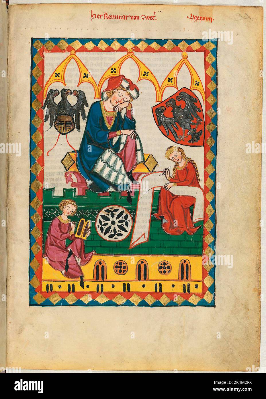 The 'Codex Manesse', also known as the 'Great Heidelberg Book of Songs' (Cod. Pal. germ. 848), was created between around 1300 and around 1340 in Zurich and is the most comprehensive collection of ballads and epigrammatic poetry in Middle High German language.  It consists of 426 parchments leaves, each 35,5 x 25 cm, double-sided, pagination added in a later scribe's hand. In addition the codex includes 140 blank pages and numerous pages partially blank. Great Heidelberg Book of Songs. Grosse Heidelberger Liederhandschrift. Codex Manesse. Illuminated manuscript, Medieval art.  Heidelberg, Univ Stock Photo