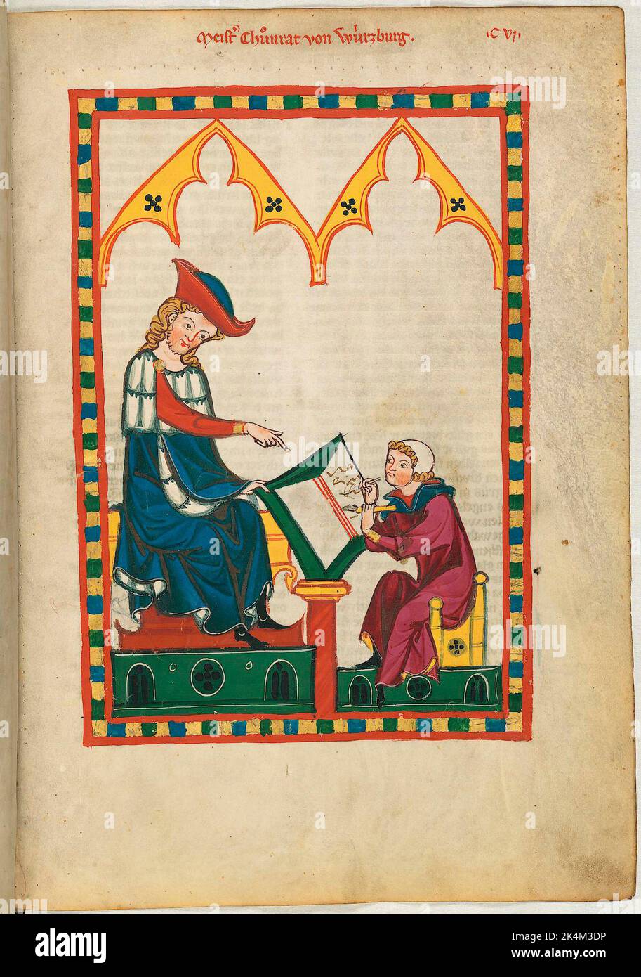 The 'Codex Manesse', also known as the 'Great Heidelberg Book of Songs' (Cod. Pal. germ. 848), was created between around 1300 and around 1340 in Zurich and is the most comprehensive collection of ballads and epigrammatic poetry in Middle High German language.  It consists of 426 parchments leaves, each 35,5 x 25 cm, double-sided, pagination added in a later scribe's hand. In addition the codex includes 140 blank pages and numerous pages partially blank. Great Heidelberg Book of Songs. Grosse Heidelberger Liederhandschrift. Codex Manesse. Illuminated manuscript, Medieval art.  Heidelberg, Univ Stock Photo