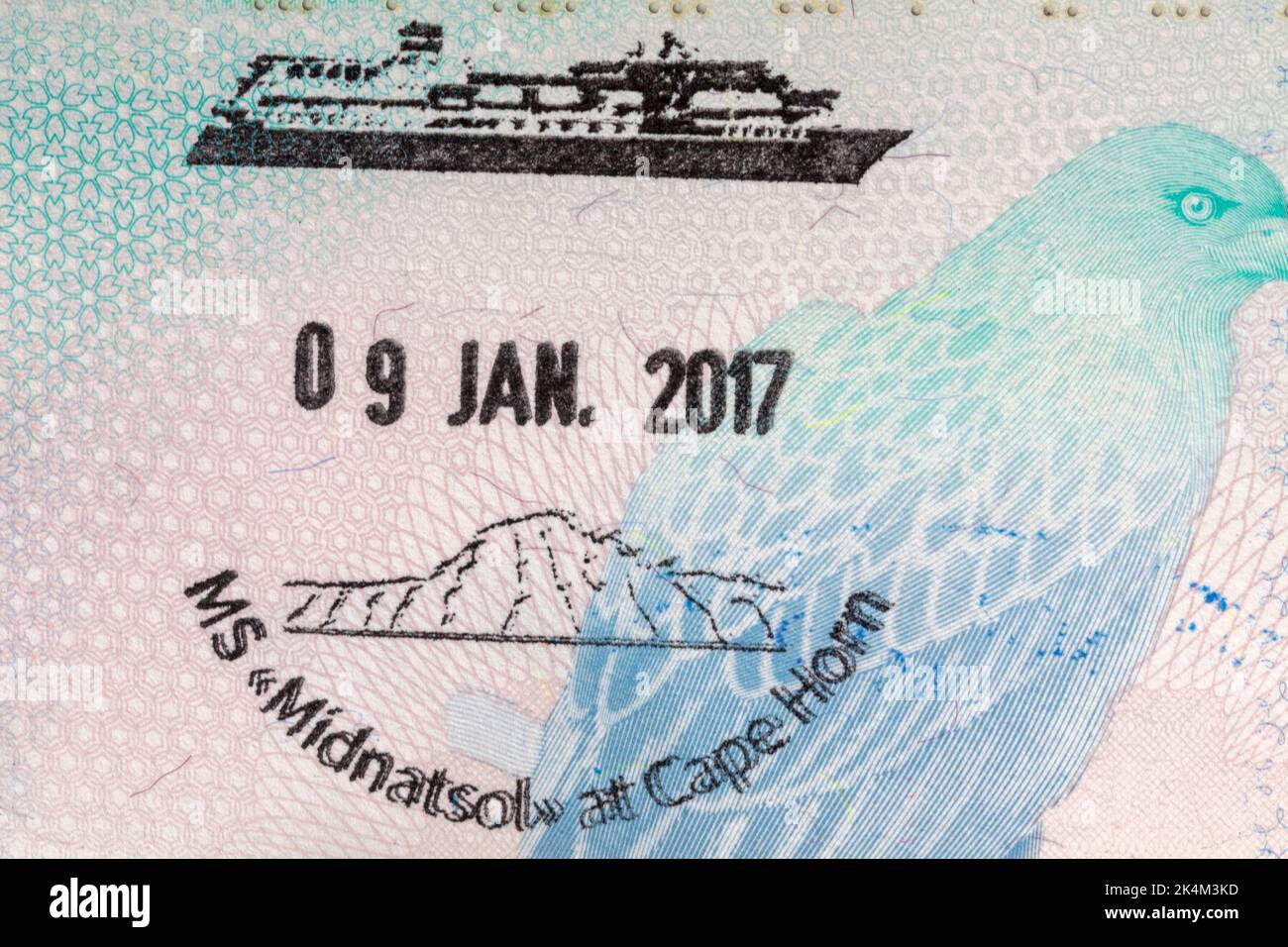 MS Midnatsol at Cape Horn 09 Jan 2017 stamp in British passport Stock Photo
