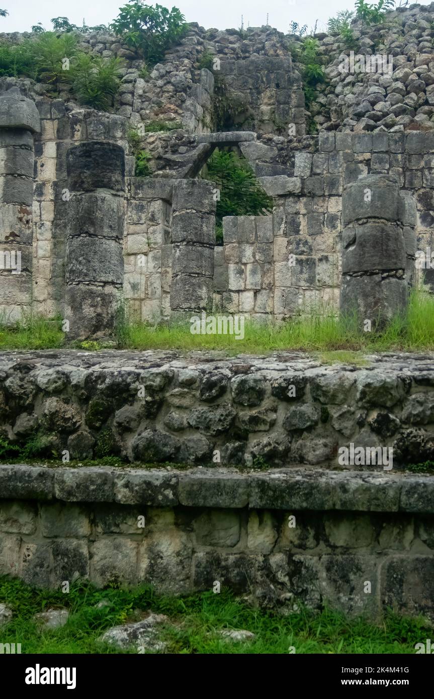 mayan pyramids in mexico, stone construction, surrounded by vegetation, deep jungle Stock Photo