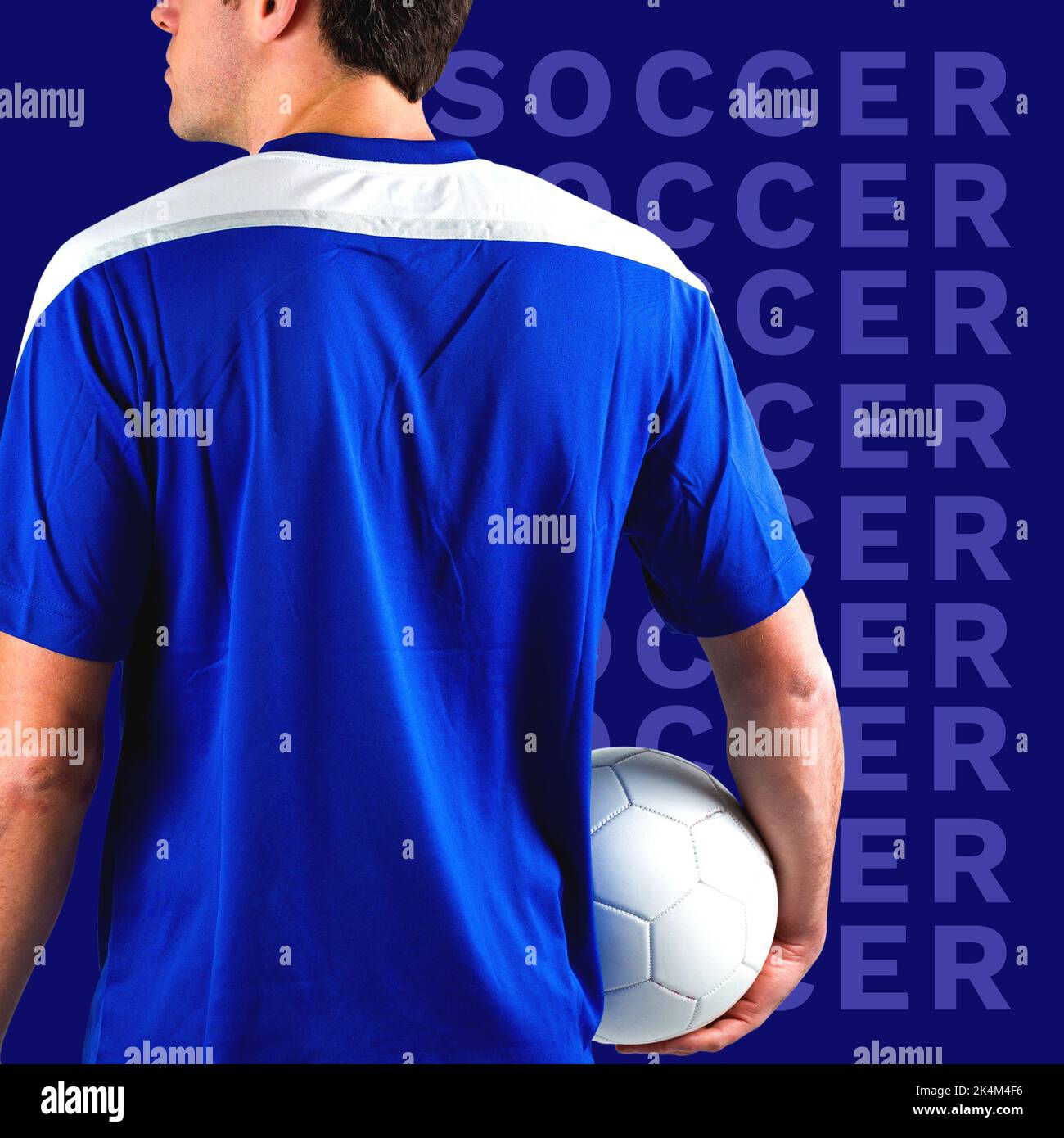 Square image of multiplied soccer and midsection of back of caucasian male player with ball Stock Photo