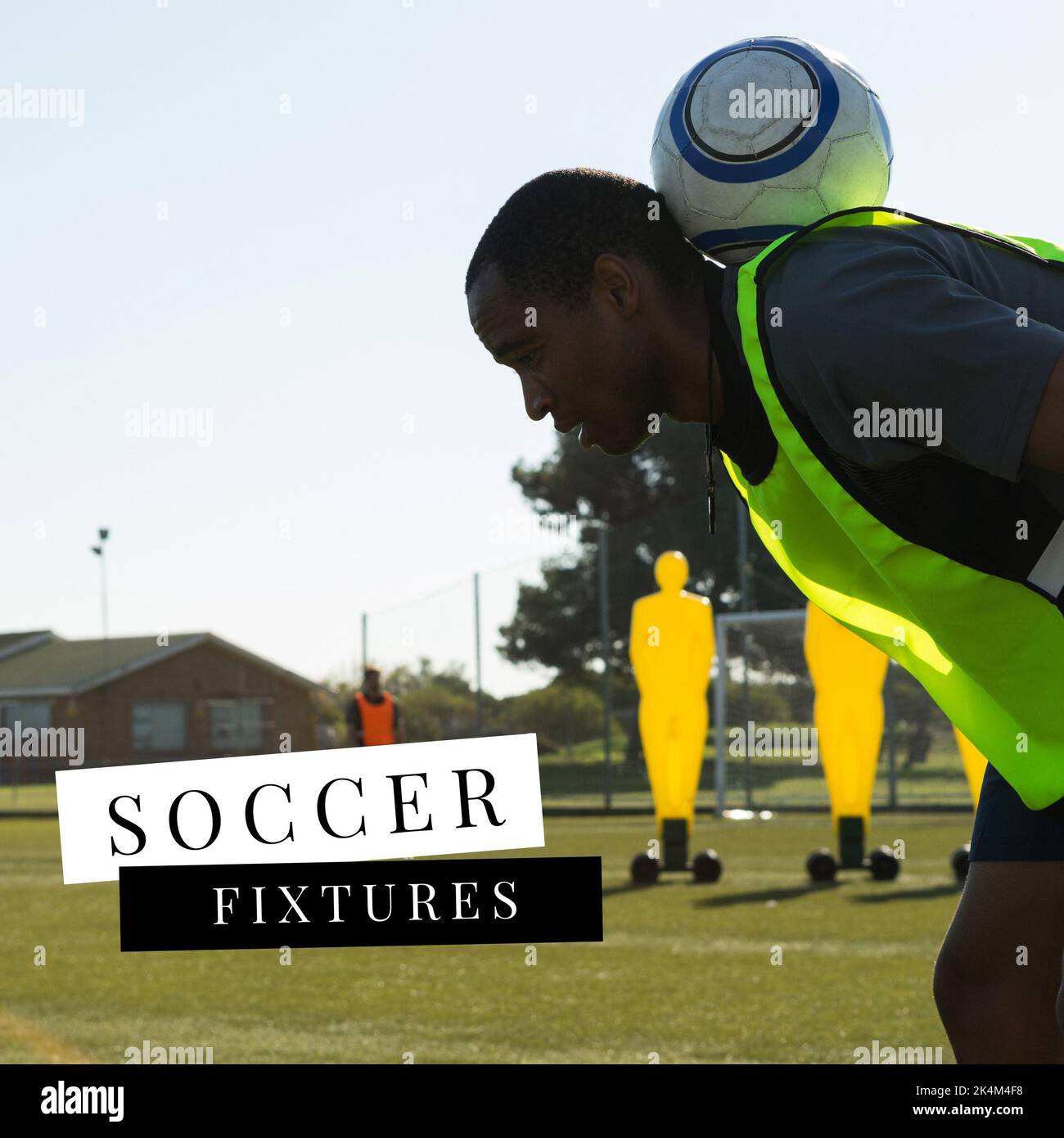 Square image of soccer fixtures over african american male player with ball Stock Photo
