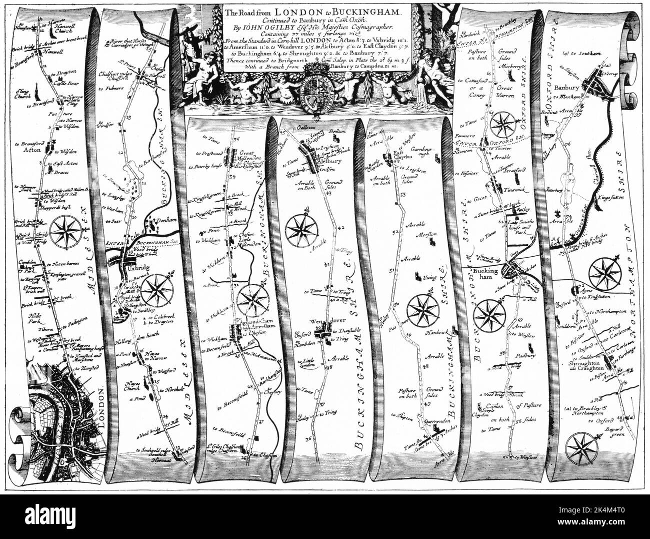 Plate 12: London to Buckingham/Banbury, c1675. By John Ogilby (1600-1676). 17th century road strip map from John Ogilby's 'Britannia' atlas, c1675. Stock Photo