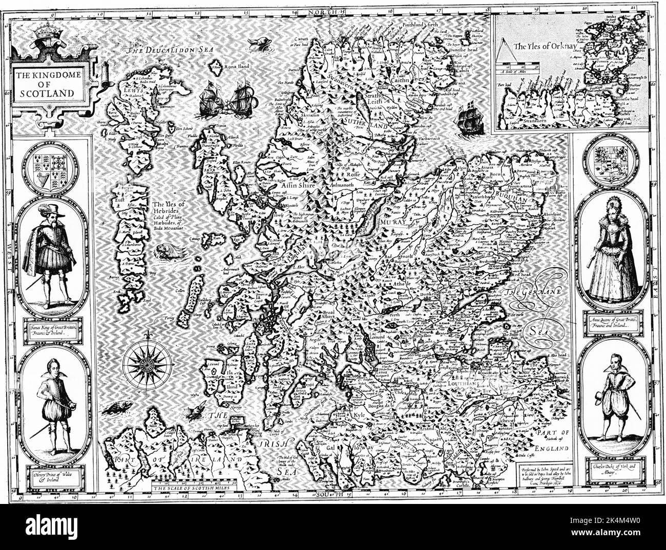 Scotland, 1611. By John Speed (1551 or 1552-1629). From the 'Theatre of the Empire of Great Britaine', 1611. The 'Theatre of the Empire of Great Britaine' was the first English attempt at creating a large scale atlas. Stock Photo