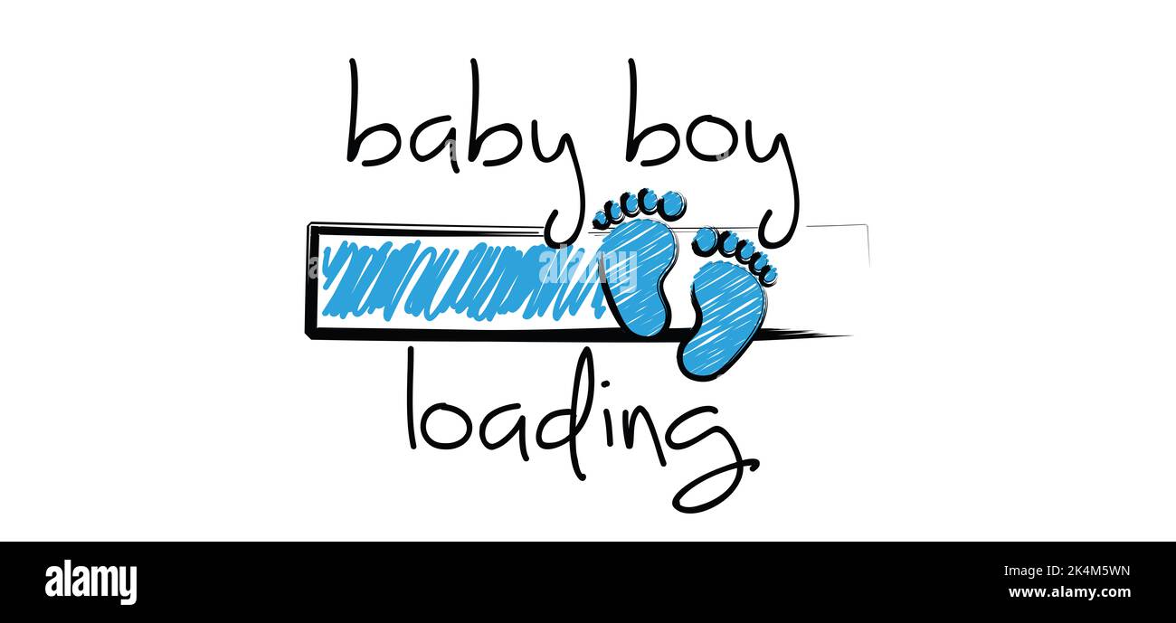 Slogan baby boy is loading with download bar, please wait. New born coming soon, happy family for papa and mama. Cartoon vector infant quotes sign Mot Stock Photo