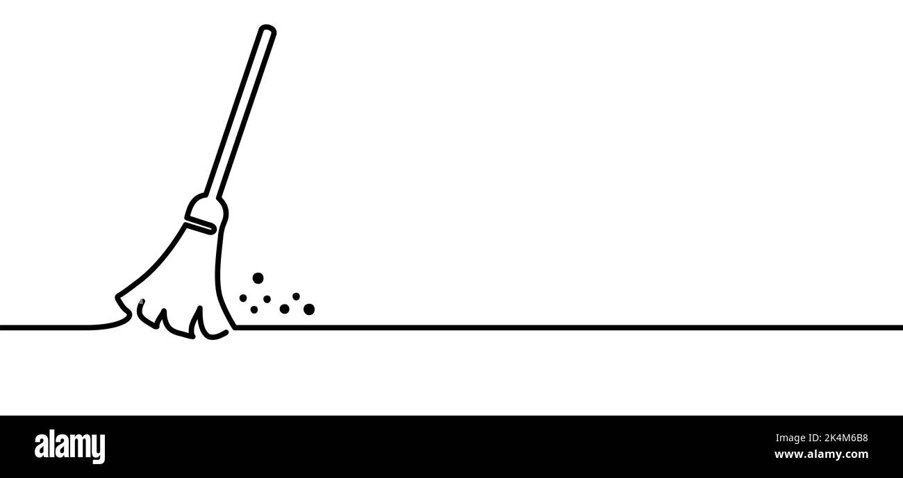 Mop or broom with broomstick logo. Drawing, line patern. Flat wooden