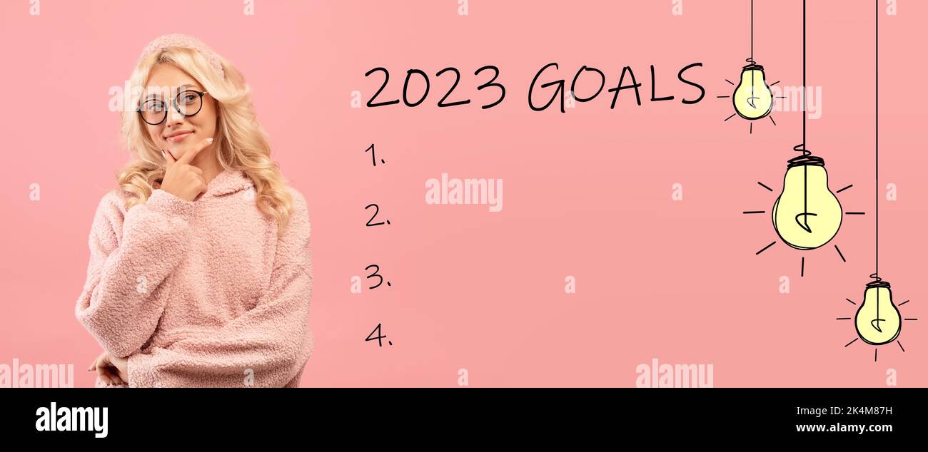 Pensive young european woman in glasses look at 2023 goals with light