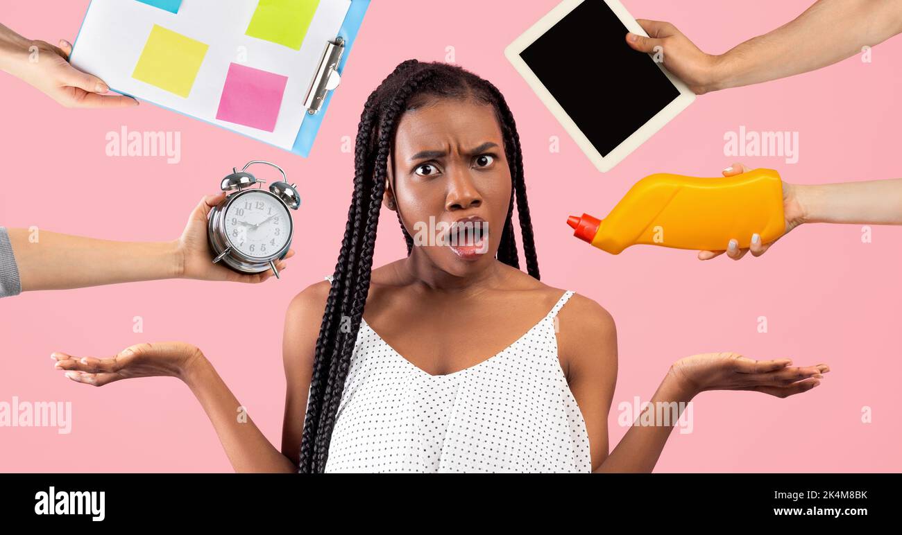 Irritated african american woman needs for assistant Stock Photo