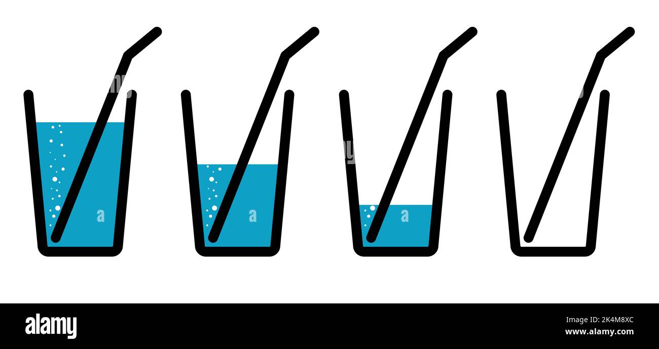 Cold drink or water glass icon vector. Cocktail, soda, lemonade or juice pictogram. Full, half full, empty glass. Stock Photo