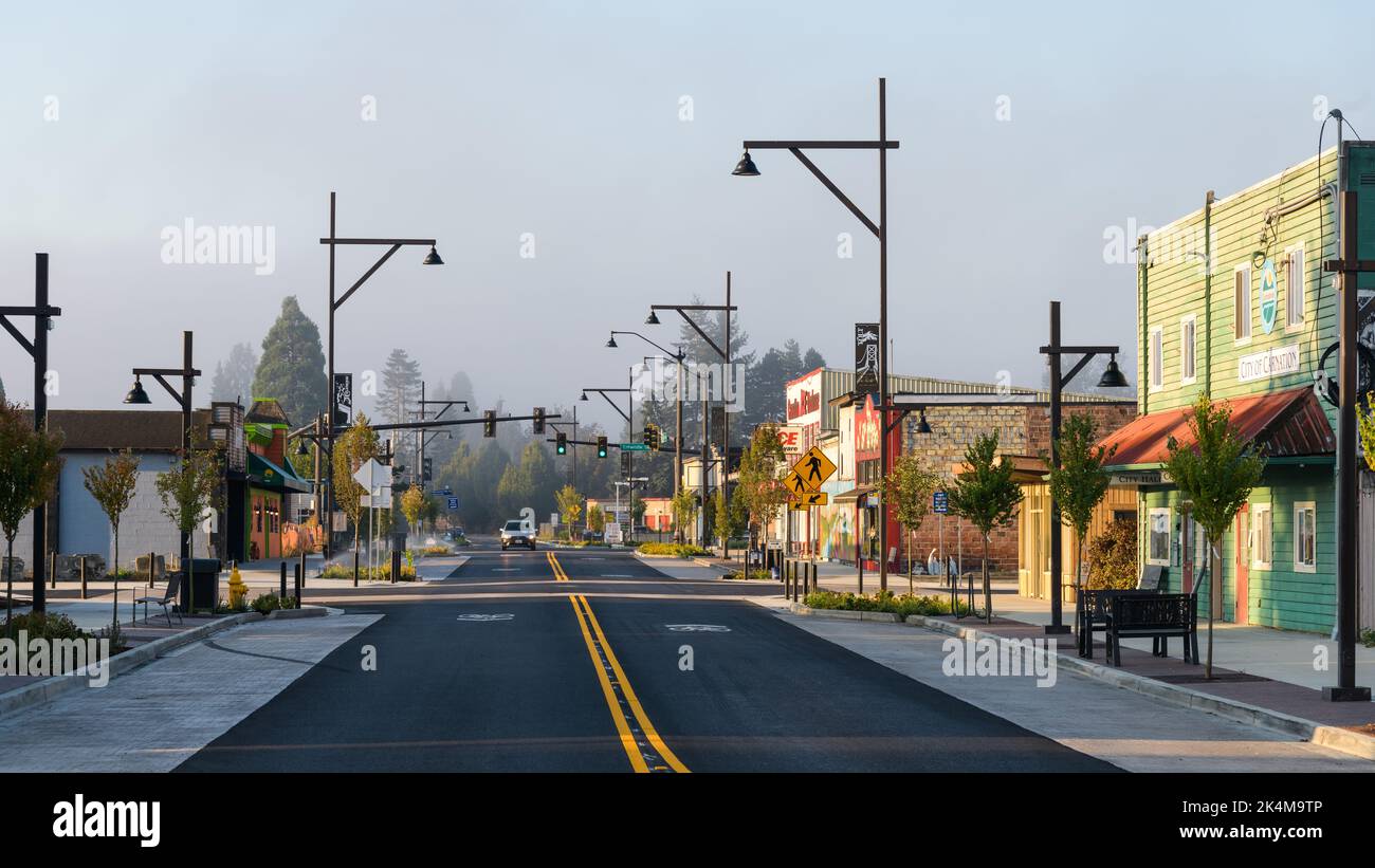 Carnation, WA, USA - October 02, 2022; South view along State Route 203 in newly redeveloped Tolt Avenue in Carnation Stock Photo