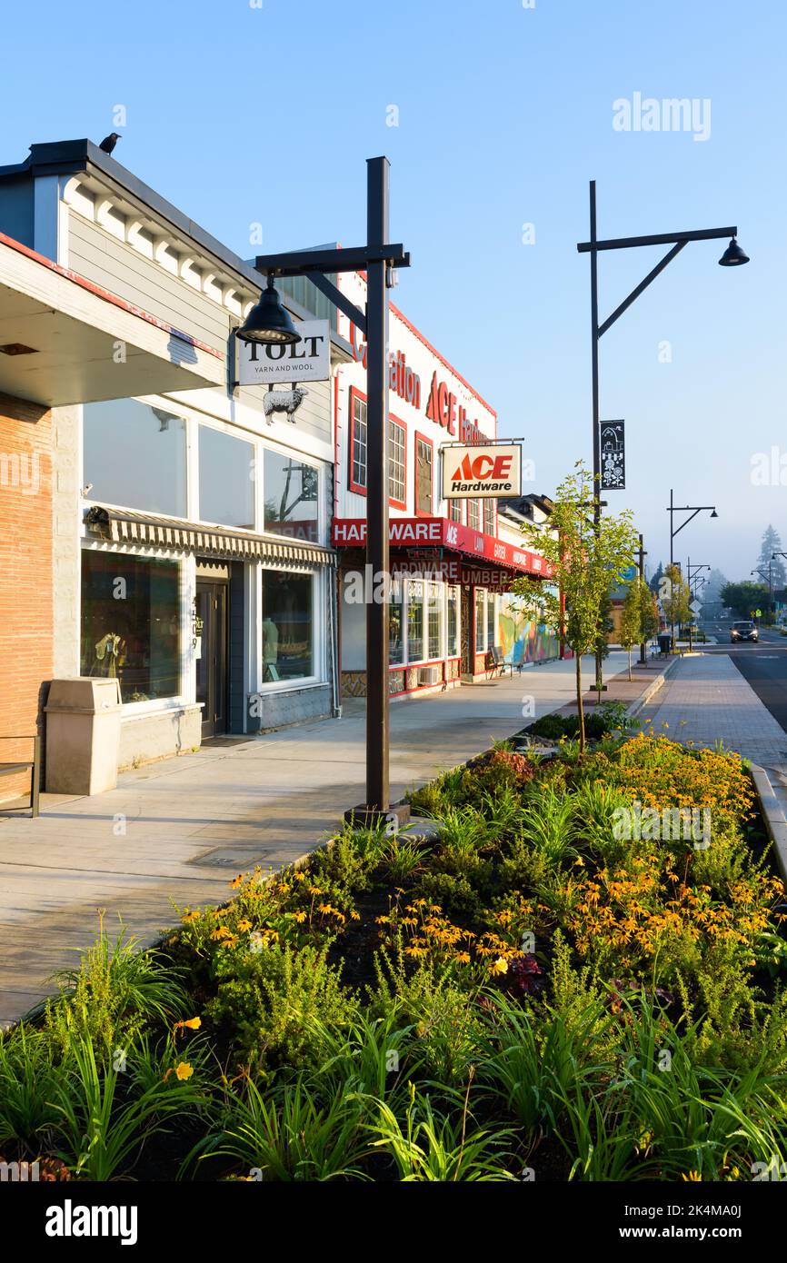 Carnation, WA, USA - October 02, 2022; New planter and sidewalk on State Route 203 in Carnation with plants and shops Stock Photo