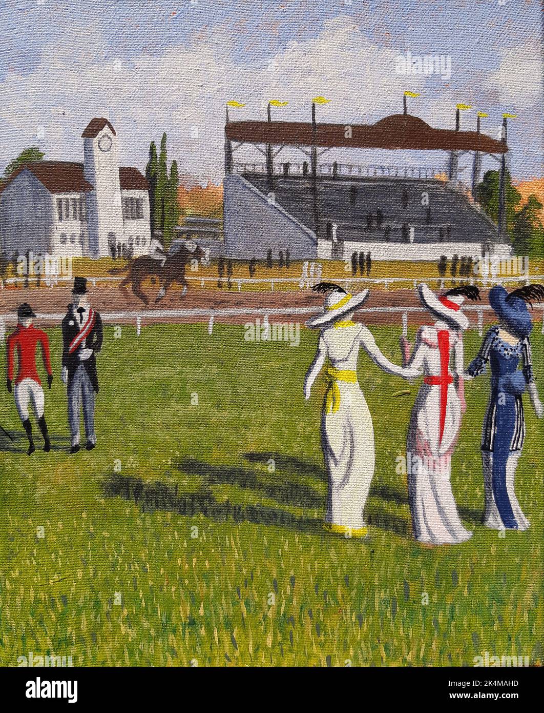 Late Victorian/Edwardian scene of three elegantly dressed ladies walking across a field towards a grandstand on horse racing day. Stock Photo