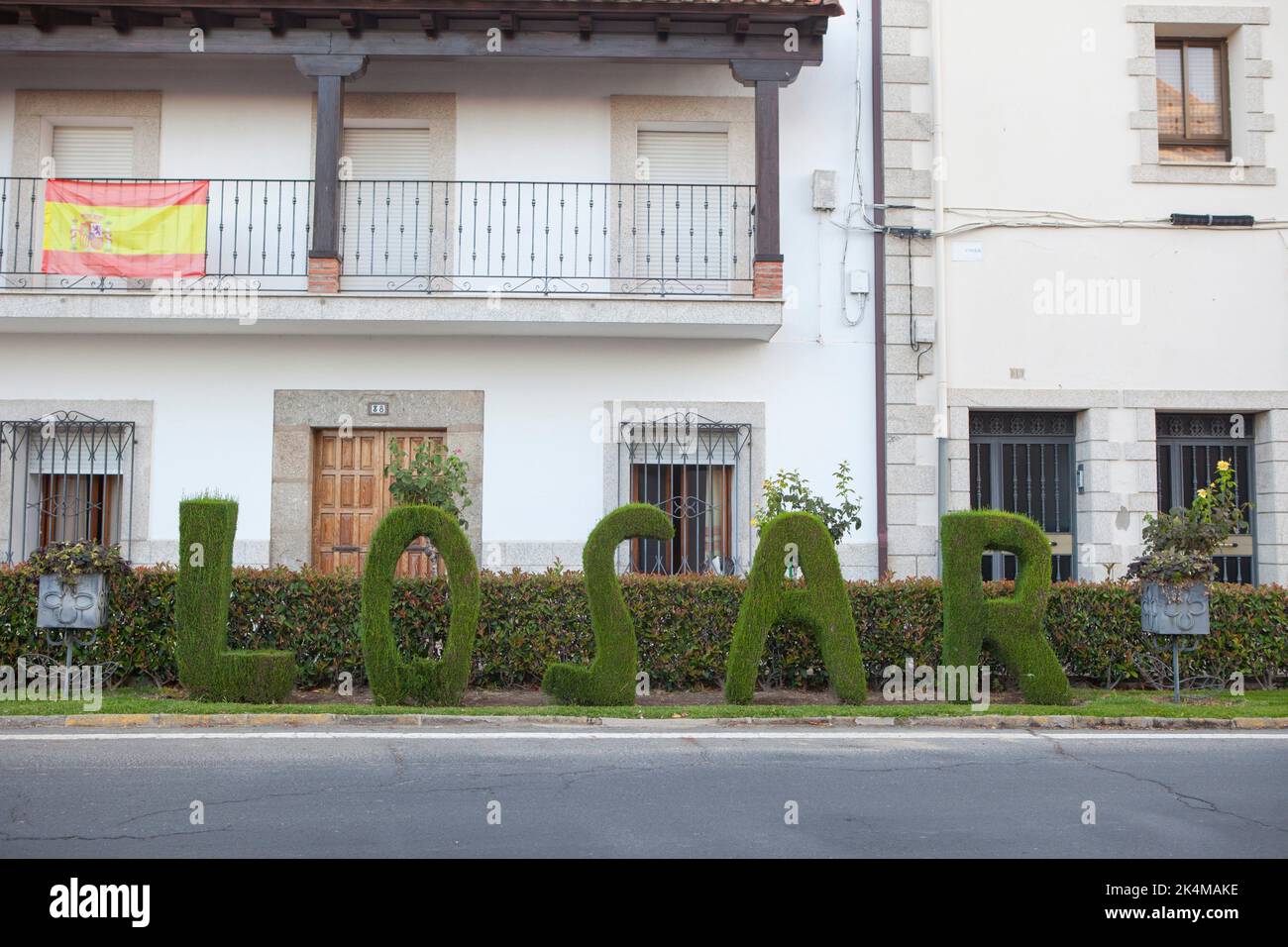 Welcoming green letters sculpture at Losar de la Vera, Caceres, Extremadura, Spain. Stock Photo