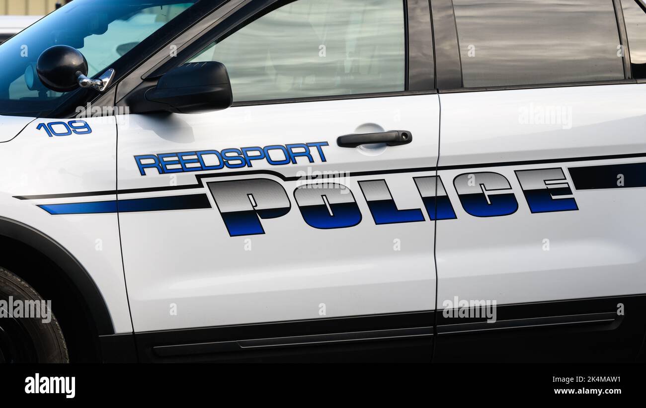 Reedsport, OR, USA - September 16, 2022; Reedsport Oregon police car with name on vehicle side Stock Photo