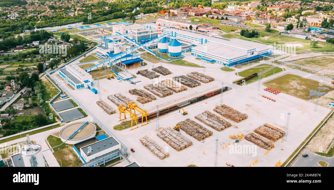 Aerial view of modern paper mill in summer sunny day. Bird'seye view