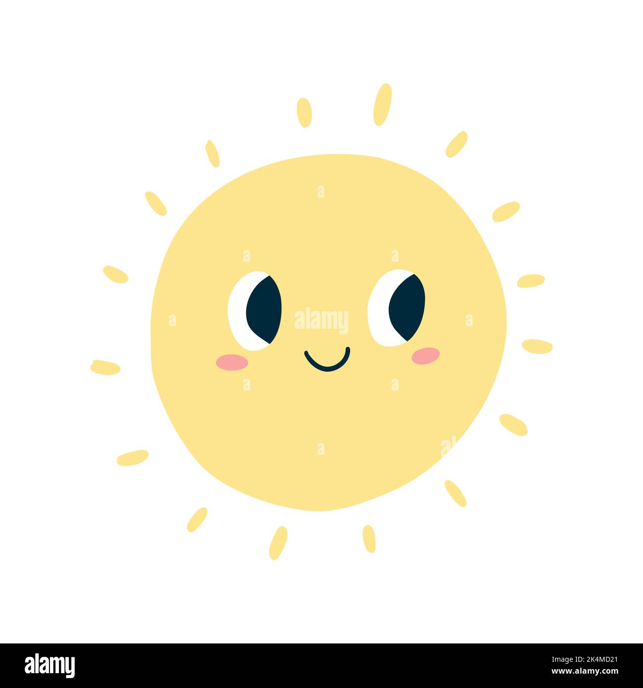 Cute kawaii sun in cartoon flat style. Vector illustration of kids sun icon with happy face for poster, fabric print, card, kids apparel. Stock Vector