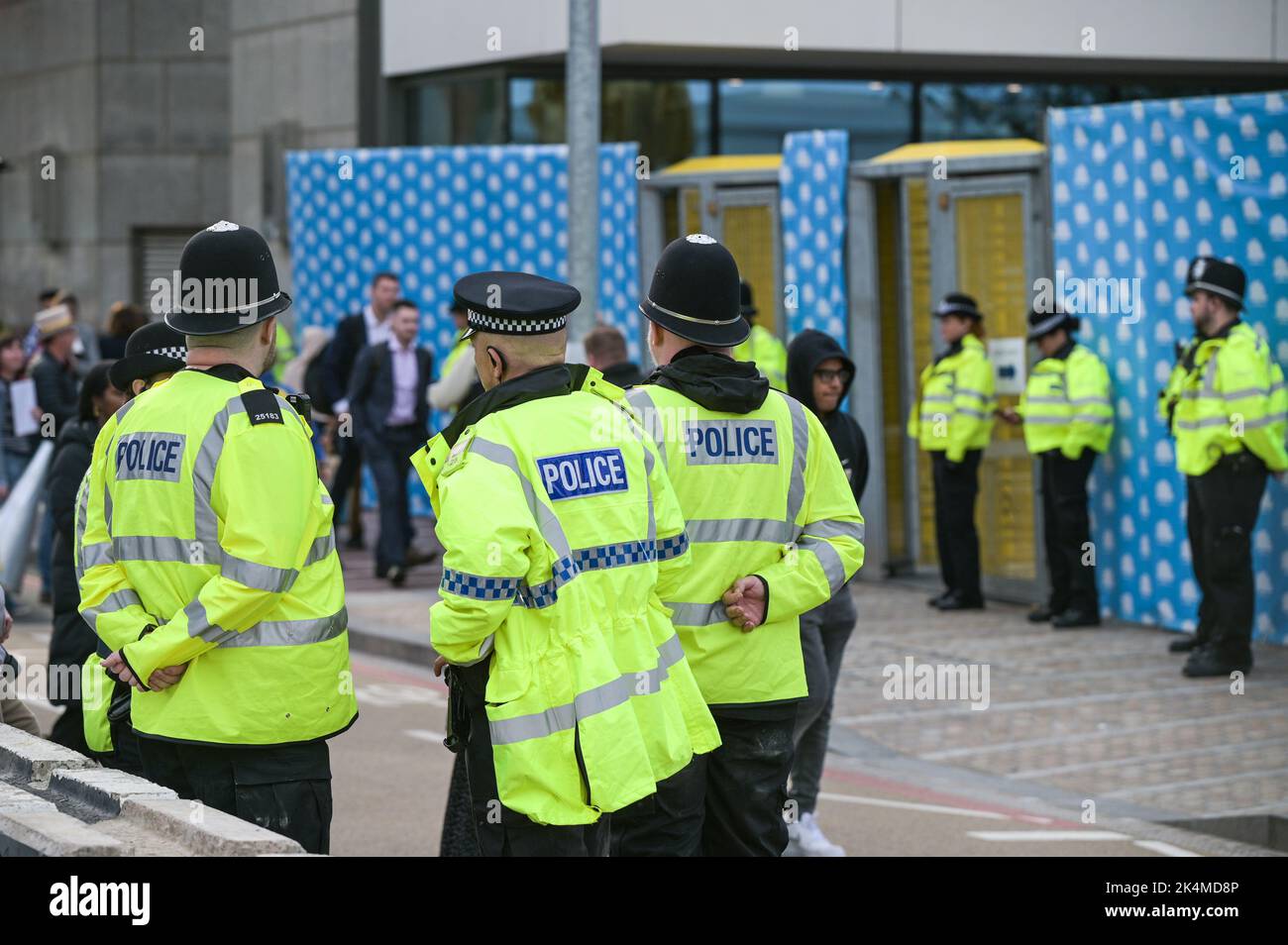 Centenary Square, Birmingham - October 3rd 2022 - Police officers surround the Conservative Party Conference after a security alert prompted police to seal off the International Convention Centre. Birmingham Police tweeted: 'Due to a potential security alert we have temporarily restricted access to and from the ICC.' Pic Credit: Scott CM/Alamy Live News Stock Photo