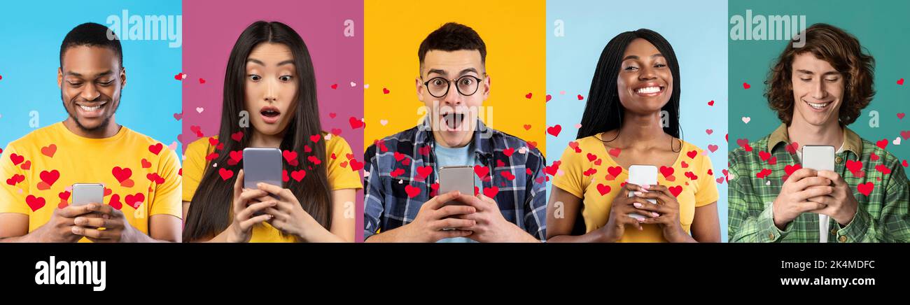 Positive multicultural young people using smartphones, collage Stock Photo