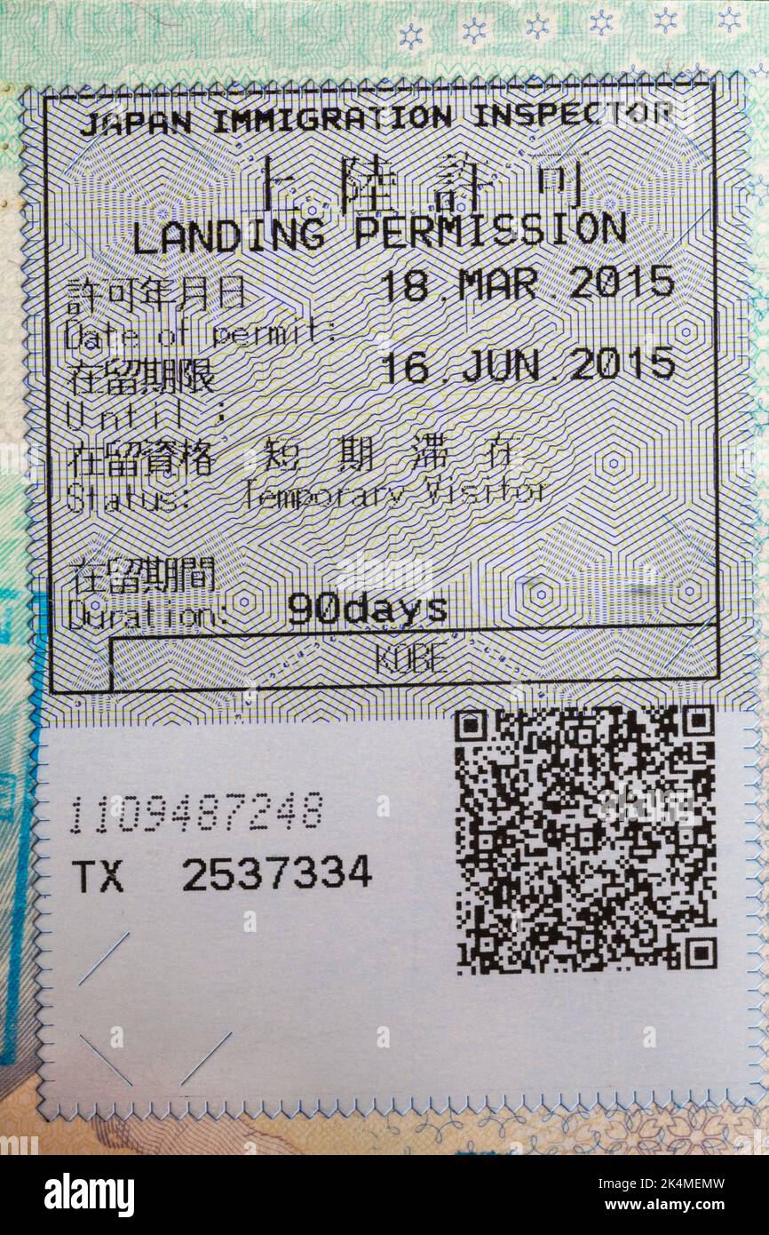 Japan immigration inspector landing permission sticker in british