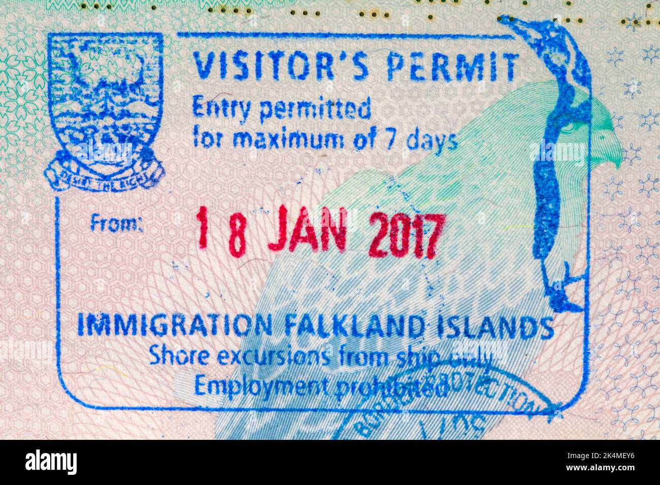 Visitors Permit Immigration Falkland Islands entry permitted for maximum of 7 days 18 Jan 2017 stamp in British passport Stock Photo